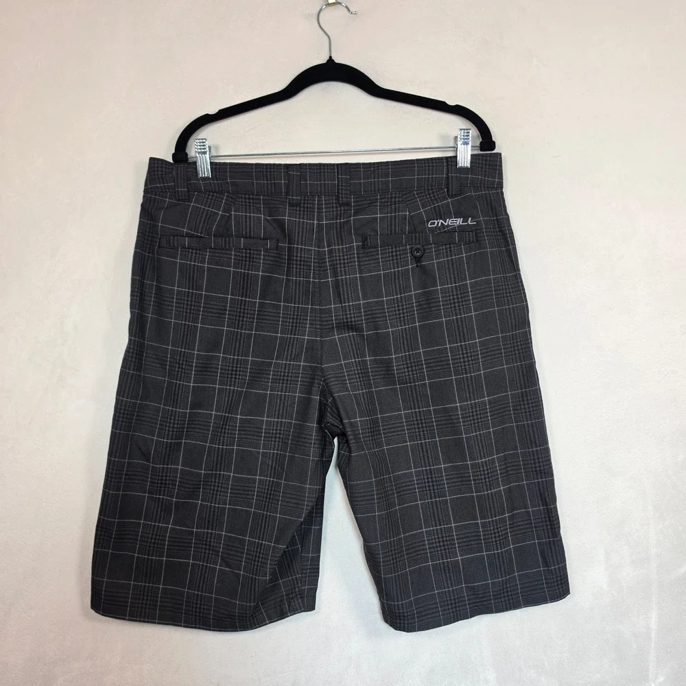 O'Neill Plaid Shorts Mens 36 Gray Black 10.5 Inseam Surf Skater Grunge Y2K